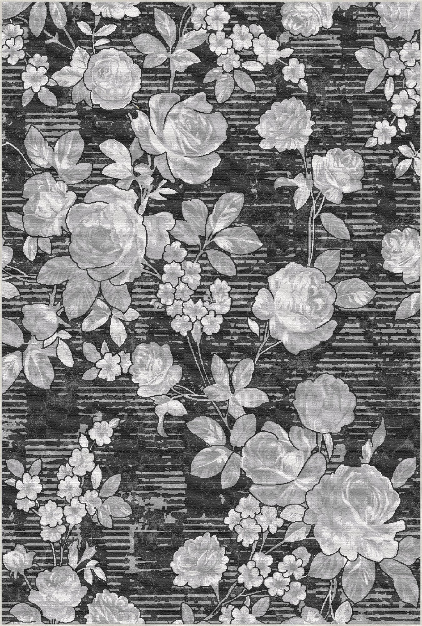 Waschbarer Vintage Schwarzer Rosen Teppich – Bella Rugs