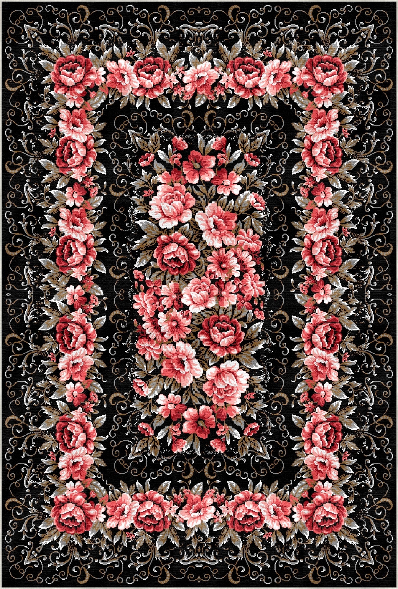 Ebenholz-Rosen-Medaillon waschbarer schwarzer Blumen-Teppich – Bella Rugs