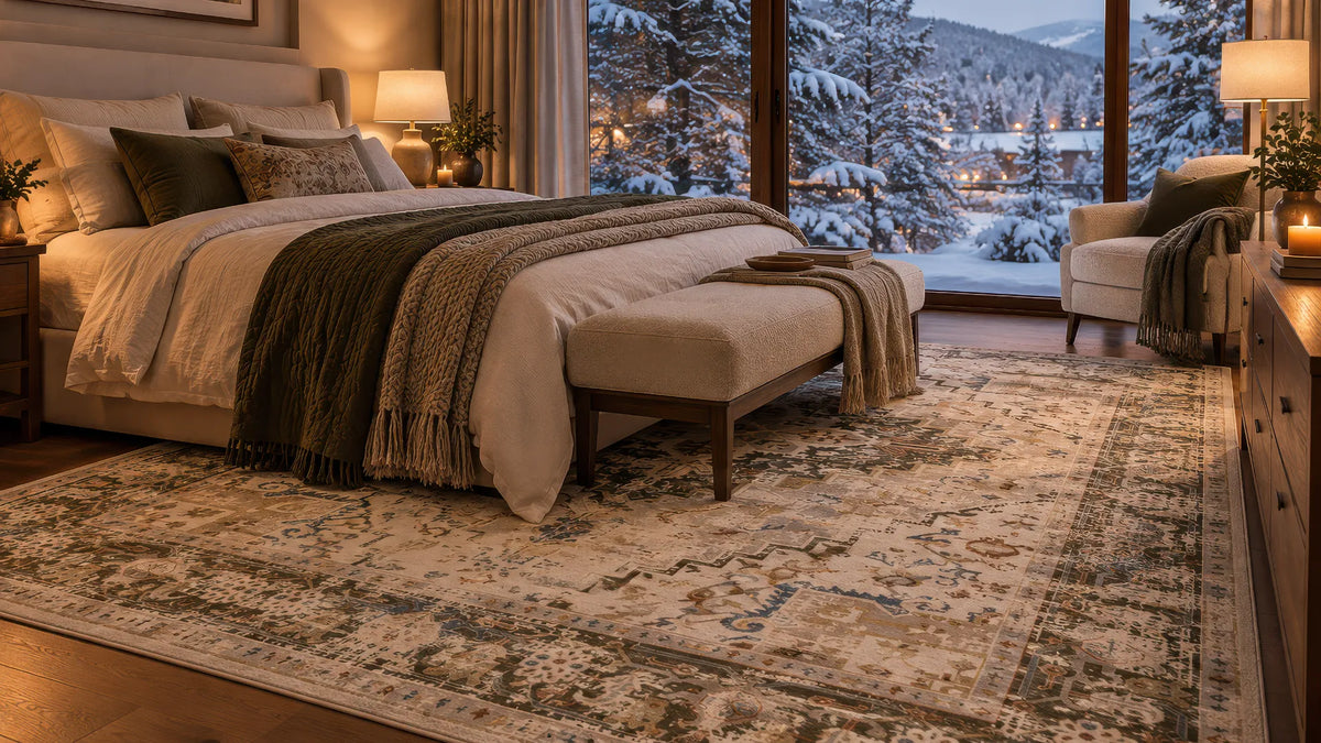 A large distressed area rug in beige, gray, and muted blue tones, styled in a cozy, warmly lit bedroom with a bed, bench, and large windows showing a snowy mountain landscape outside.
