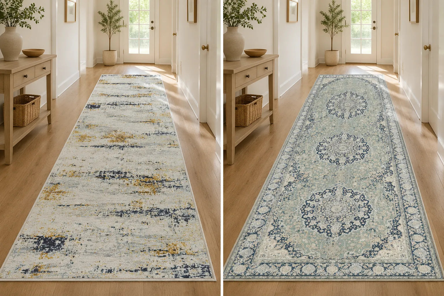 Two long runner rugs shown side by side in a bright hallway with wood floors and furniture. The left rug has an abstract distressed pattern in off-white, navy, and muted gold.
