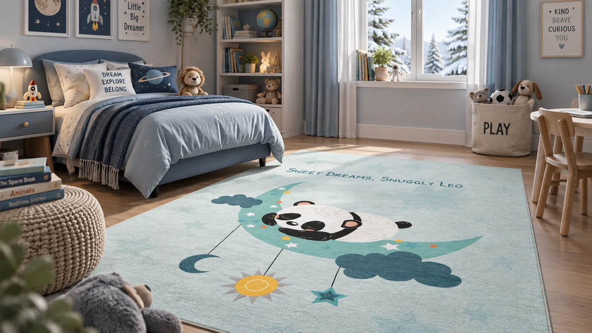 A light blue children's area rug with a cartoon panda sleeping on a crescent moon, shown in a styled children's bedroom. The rug features the text 'Sweet Dreams, Snuggly Leo' and includes a yellow sun, dark blue crescent moon, and clouds.