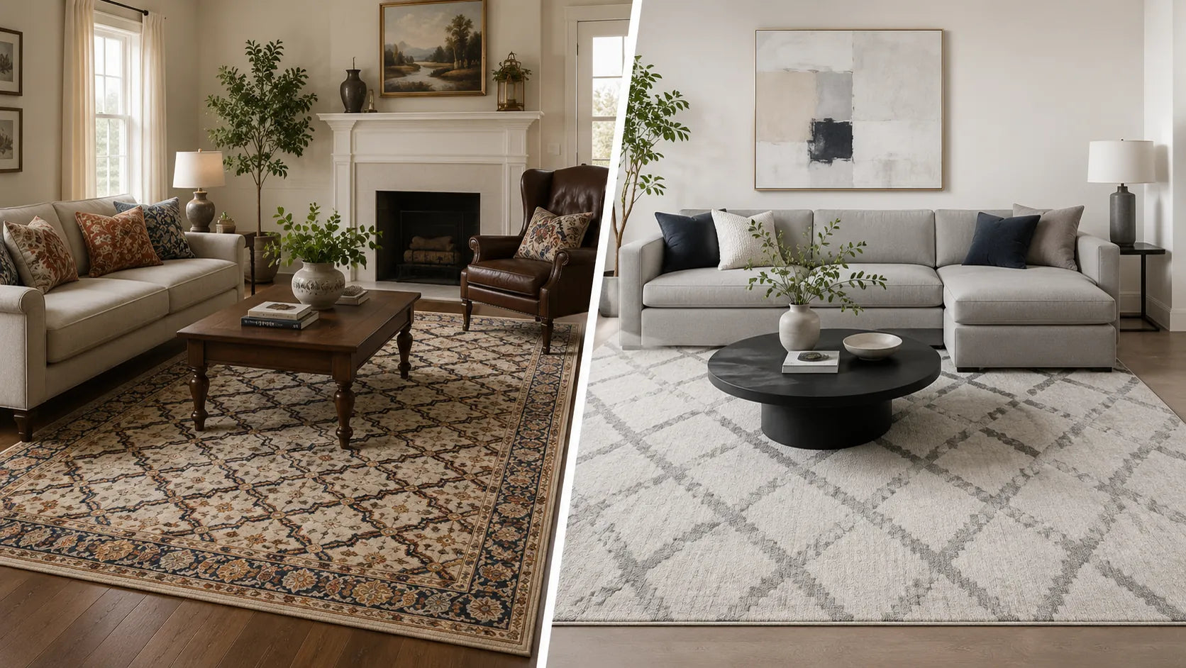 A split-screen comparison of two modern living room settings showcasing different styles of area rugs. The left side shows a traditional beige and navy patterned rug under a wooden coffee table in a warm, classic living room.