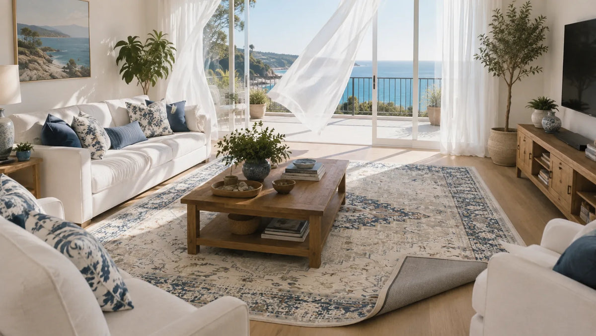A styled living room with a large distressed blue and beige area rug under a wooden coffee table, featuring a white sofa, coastal views through large glass doors, and a TV on a wooden cabinet.