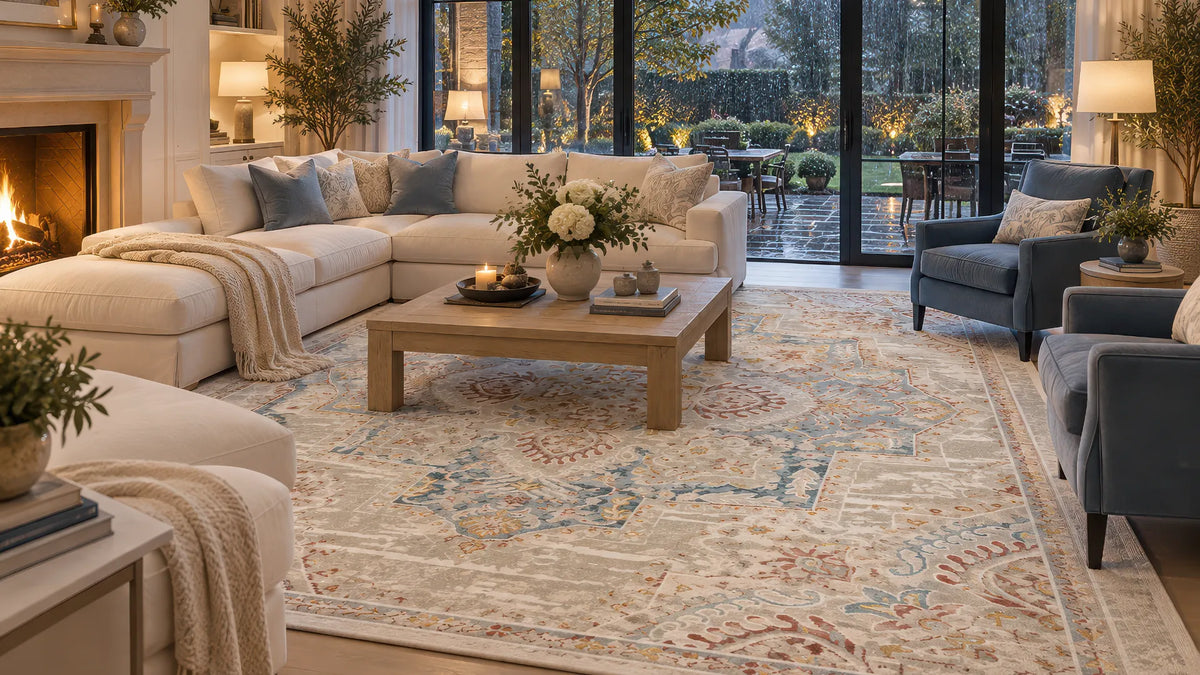 A large traditional-style area rug with a beige, blue, and red pattern is styled in a cozy living room with a cream sectional sofa, blue armchairs, a wooden coffee table, and large glass doors overlooking a garden.