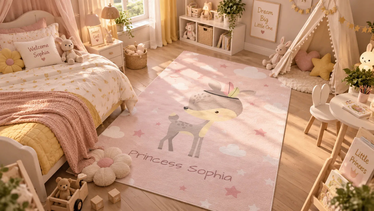 A personalized children's room featuring a large pink floor mat with a cartoon deer, stars, and the text 'Princess Sophia'. The room is styled in a warm, pastel aesthetic with a bed, teepee, and wooden floor.