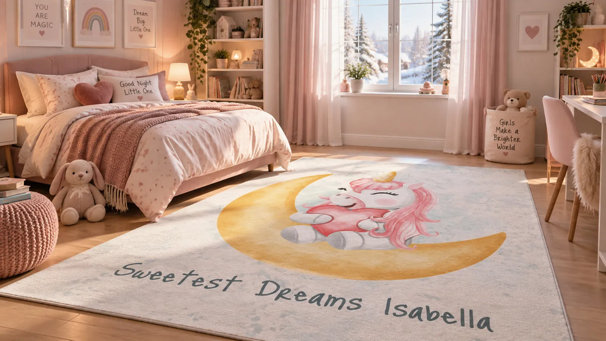 A personalized children's area rug featuring a cartoon unicorn on a crescent moon with the text 'Sweetest Dreams Isabella', displayed in a cozy, decorated children's bedroom.