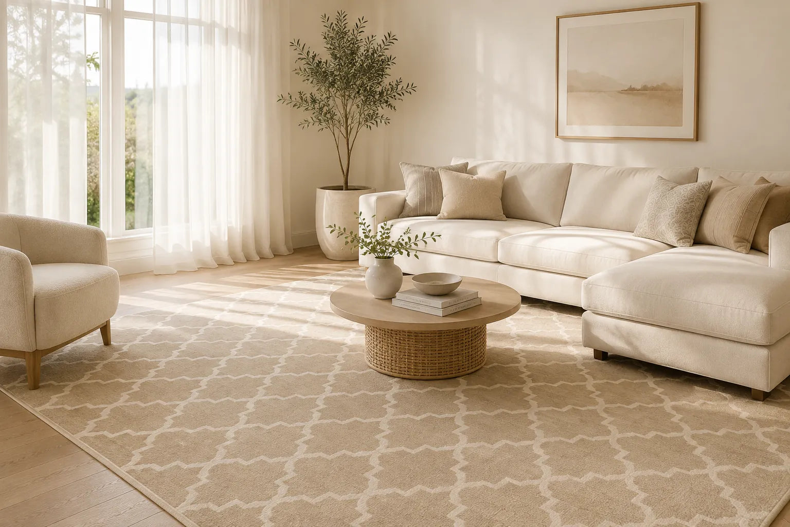 A styled living room featuring a large beige and cream patterned area rug, a cream sectional sofa, a matching armchair, and a round coffee table with a wicker base.