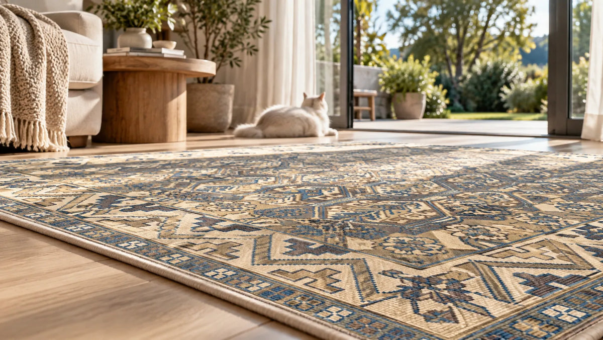 A traditional-style area rug with a beige and blue geometric pattern is shown on a light wood floor in a bright living room. A white cat lies on the floor, and a sofa, blanket, and potted plants are visible in the background.