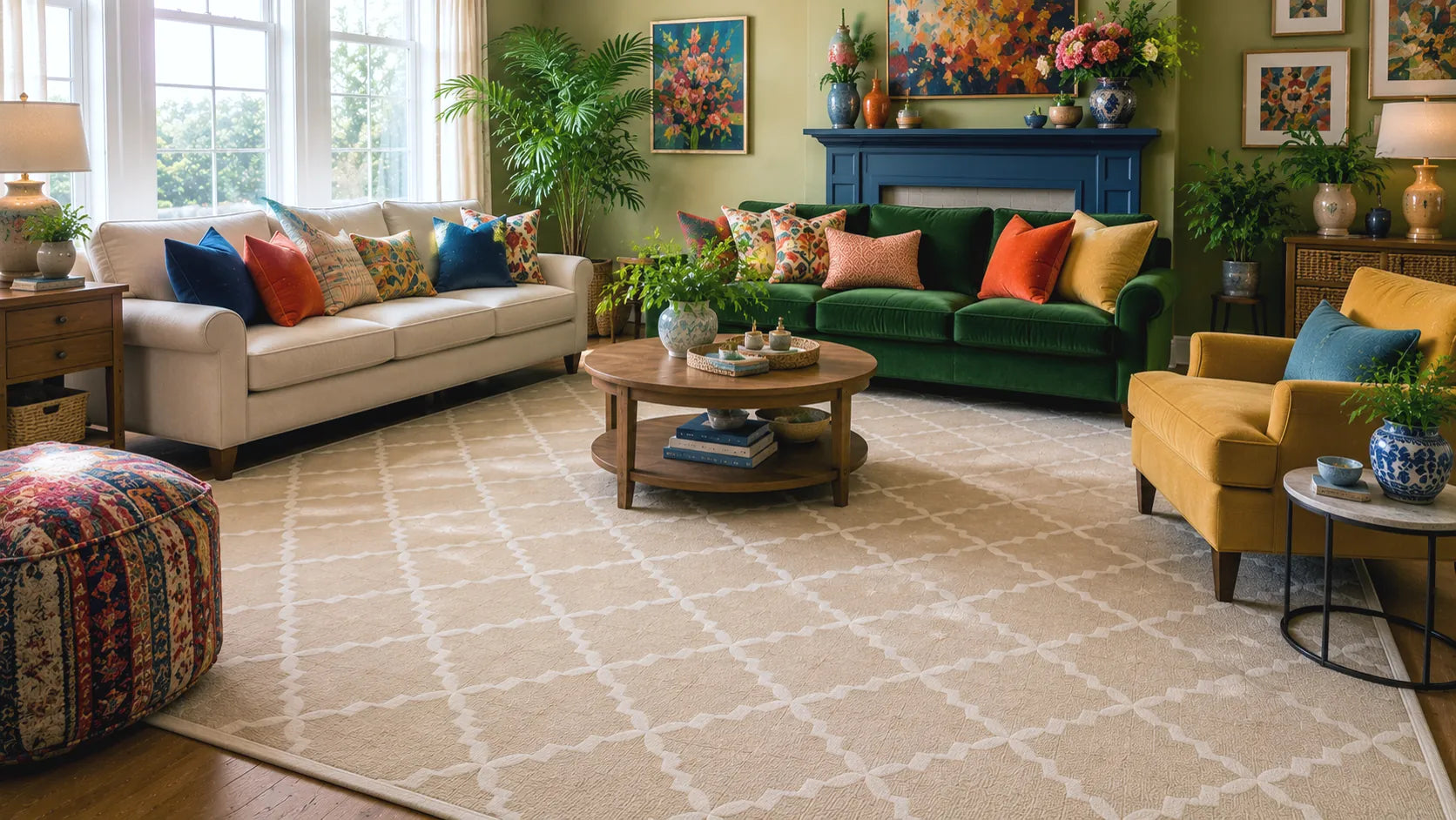 A large beige lattice area rug with a white trellis pattern in a beautifully styled living room featuring a cream sofa, green velvet sofa, yellow armchair, and a round wooden coffee table.
