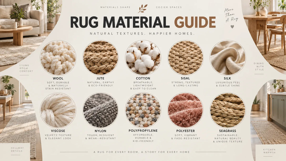 A rug material guide infographic showing ten different rug fibers with circular close-up texture samples, names, and descriptions, set against a warm beige interior room background.
