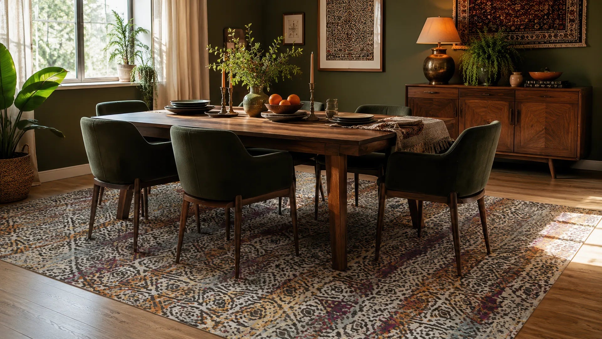 Chenille rug in a dinning room with windows and rectangle table.