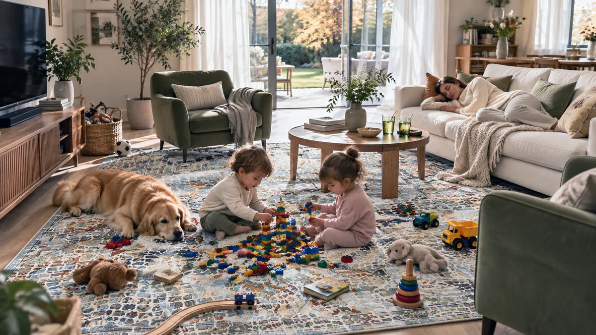 A large, patterned area rug in a bright living room, featuring a golden retriever lying on it next to two children sitting on the floor playing with colorful legos. A white sofa, green armchairs, and a wooden coffee table surround the scene.