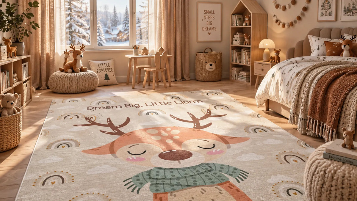 A cozy children's bedroom with a large printed rug featuring a smiling reindeer and the words 'Dream Big, Little Liam.' The room is styled in warm neutral tones with a bed, wooden furniture, shelves, and a window showing a snowy outdoor view.