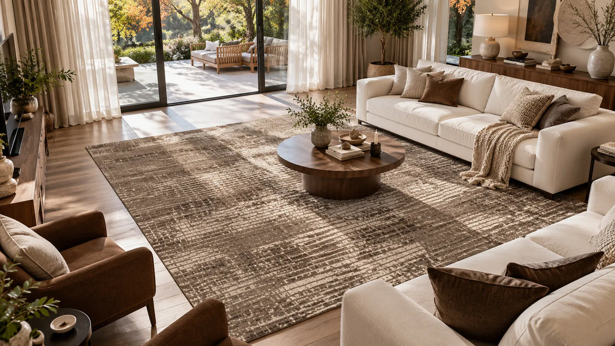 A large rectangular area rug with a textured, abstract pattern in shades of taupe, brown, and beige, styled in a bright, modern living room with a white sofa, brown armchair, and large windows.