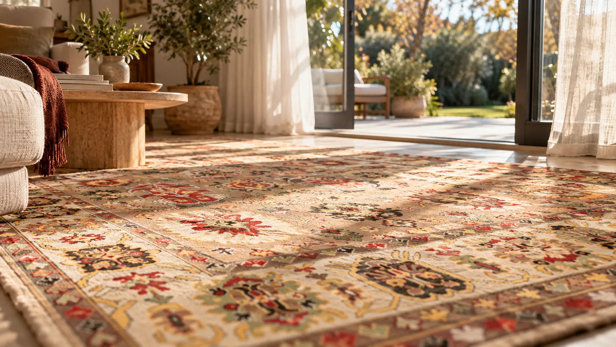 A traditional oriental-style area rug with a beige base and multicolor floral motifs, styled in a bright, modern living room with large windows and a view of a garden.