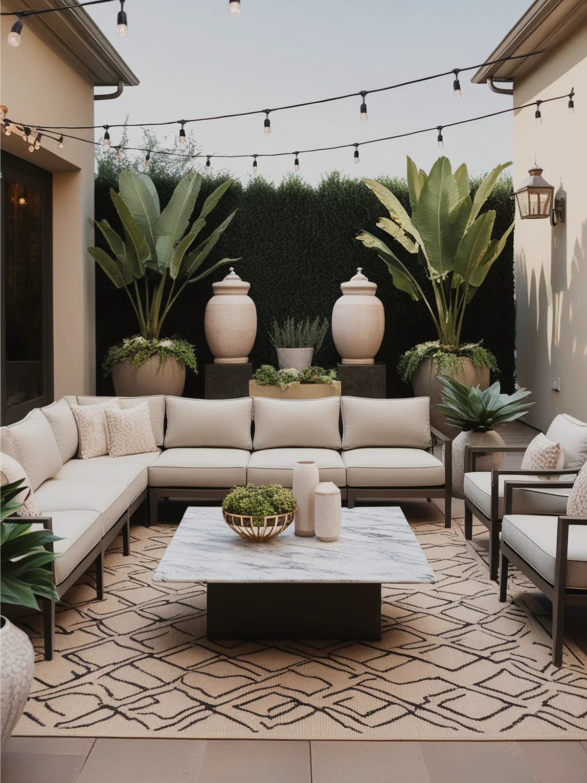 Elegant outdoor lounge with a spacious 10x10 geometric-patterned rug, featuring a modern sectional sofa, marble coffee table, lush greenery, and warm string lights for a cozy ambiance.