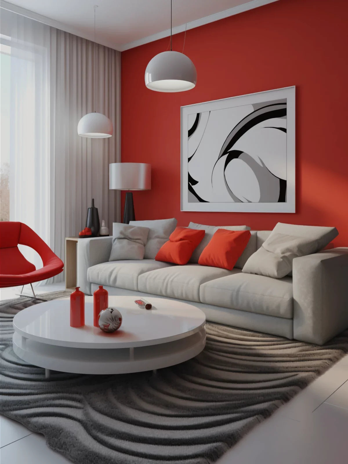Modern living room with a bold red accent wall, abstract artwork, and a large wavy-patterned 8x10 rug placed under a white sofa and round coffee table.