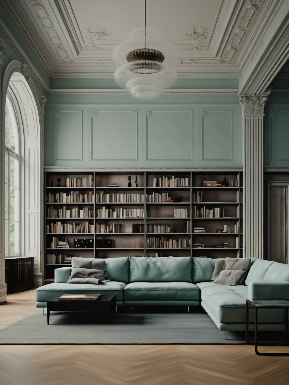 Elegant grand living room with a large 9x12 area rug beneath a teal sectional sofa, set against a backdrop of floor-to-ceiling bookshelves and classical architectural details.