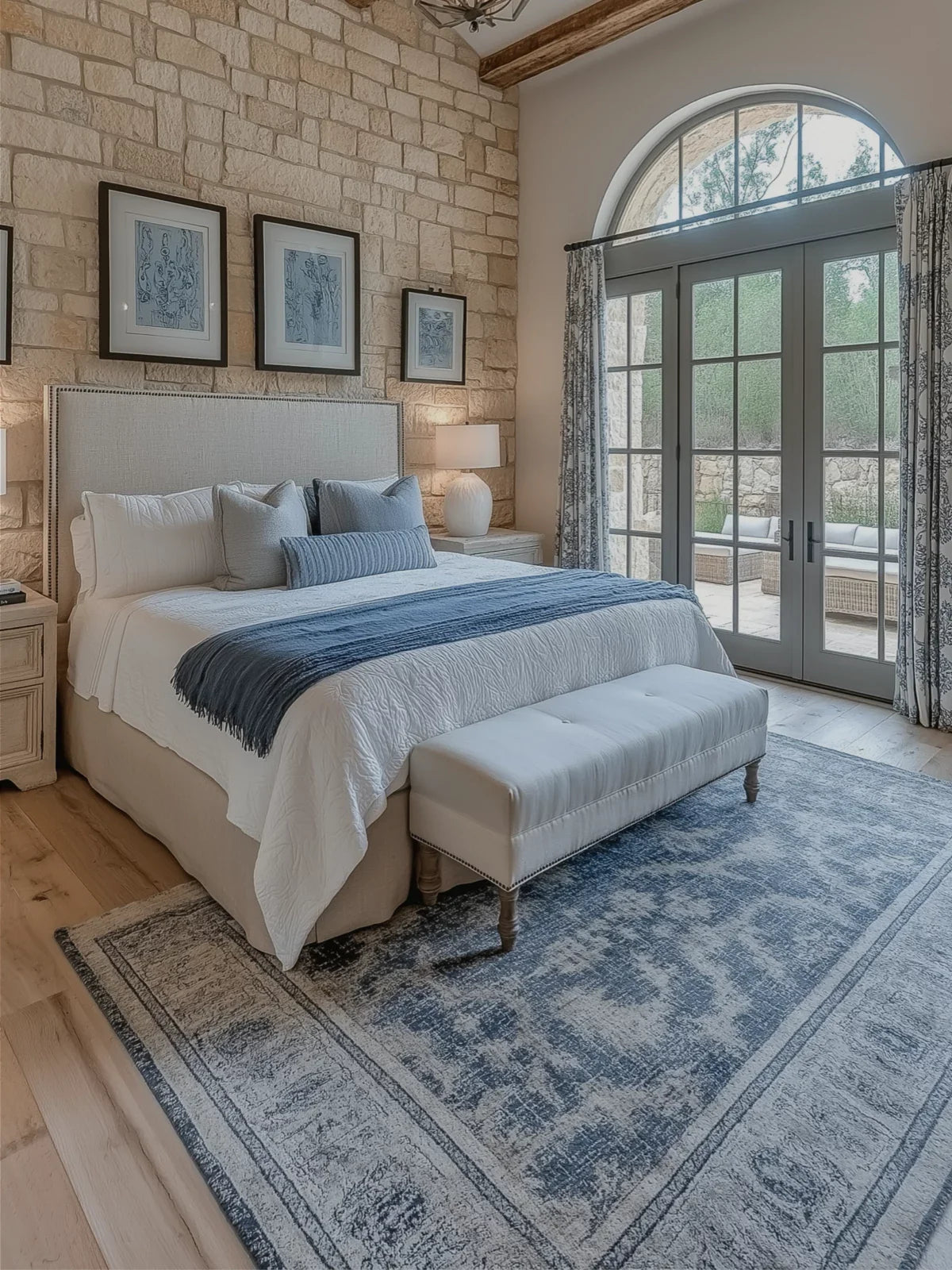 Elegant bedroom with a soft blue and gray vintage-style rug, a cozy upholstered bed, stone accent walls, and large arched windows opening to an outdoor patio.