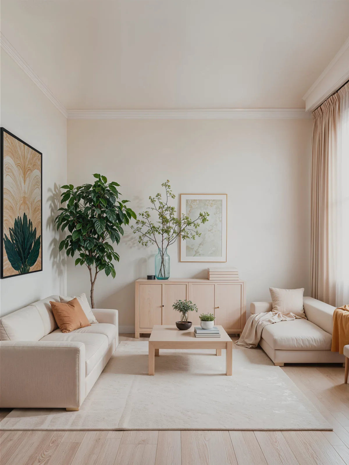 Elegant living room with a soft, neutral-toned rug, cozy beige sofas, wooden furniture, and lush greenery, creating a warm and inviting atmosphere.