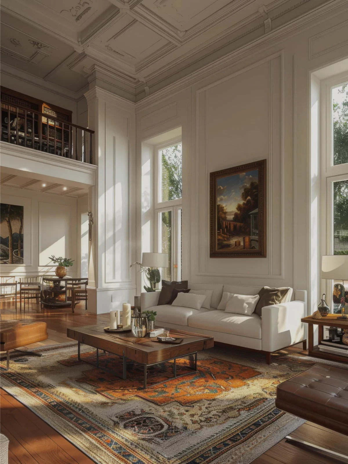 Elegant living room featuring a luxurious oriental rug with intricate patterns and rich orange and blue tones, complementing a classic white sofa and wooden furnishings.