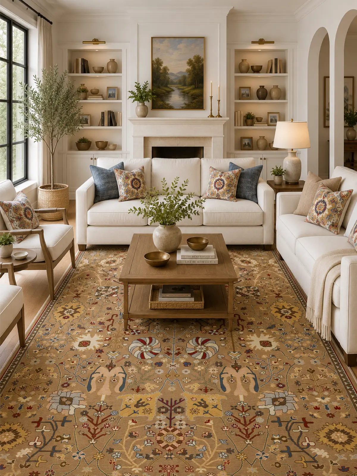 A large oushak-style area rug with an ornate floral and medallion pattern in beige, brown, and muted blue tones, shown in a styled living room with a wooden coffee table, white sofas, and built-in shelves.