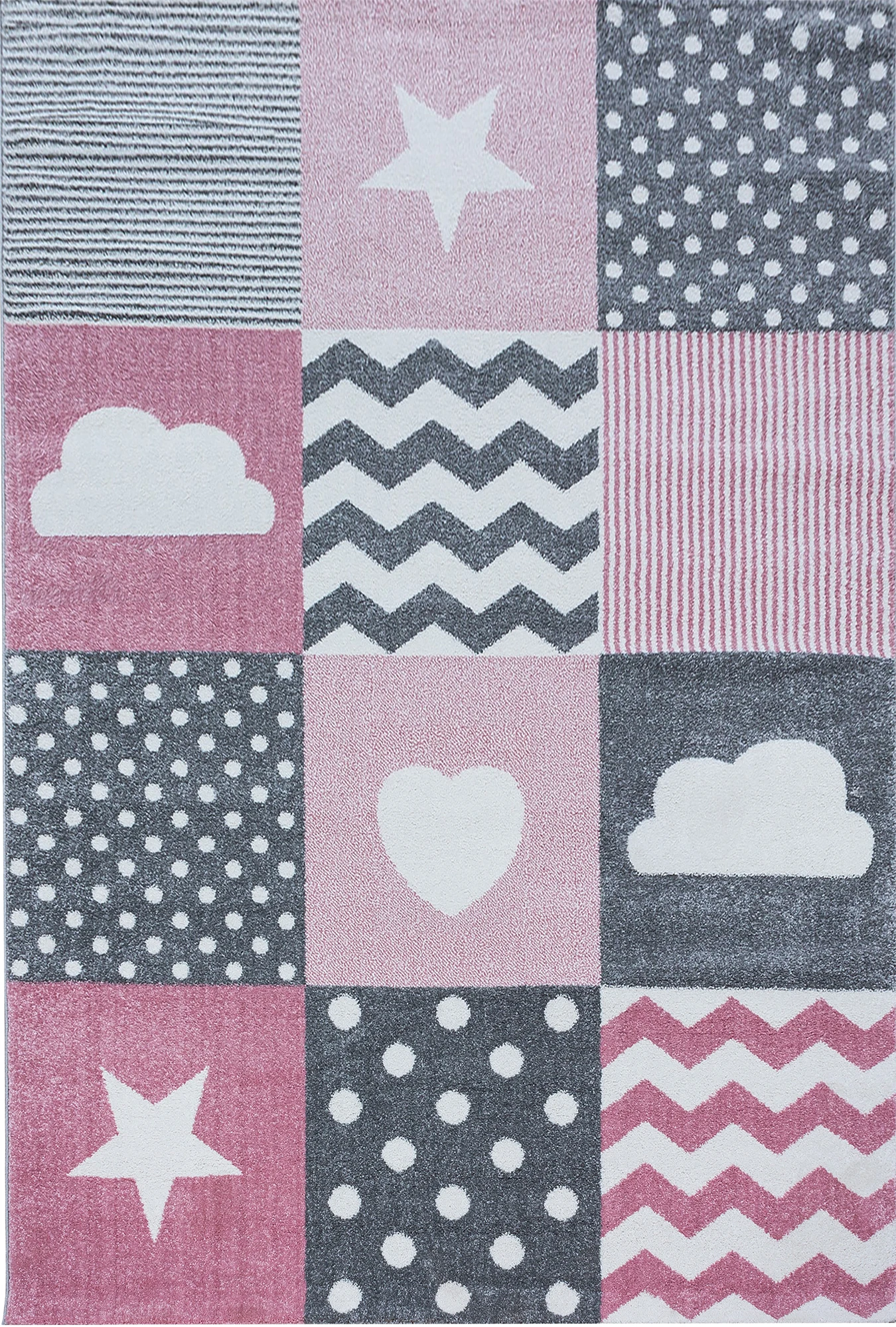 Niedlicher Patchwork Kinderteppich mit Sternen Herzen und Wolken | Rosa