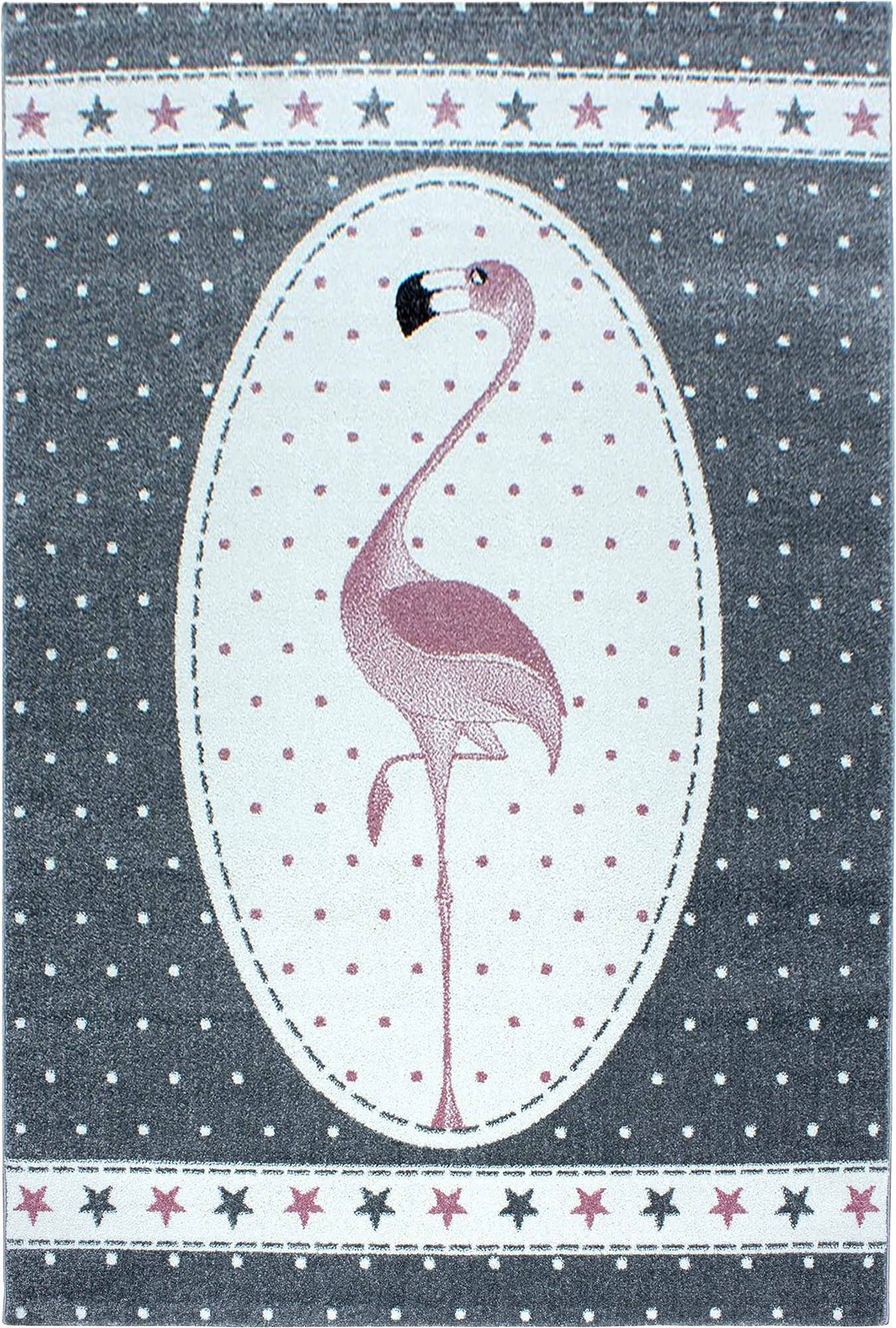 Eleganter Kinderteppich mit Flamingo und Sternenbordüre | Rosa