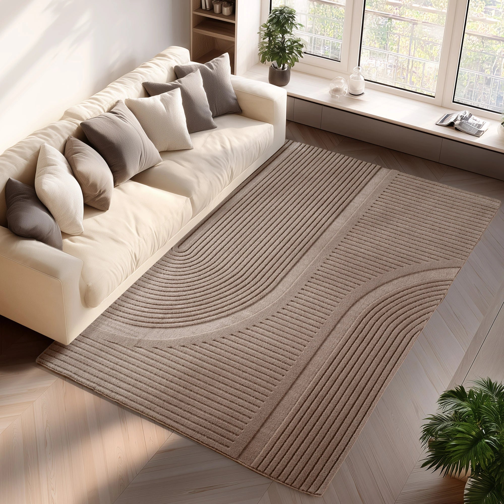 Moderner Teppich mit Geriffeltem Wellenmuster | Beige