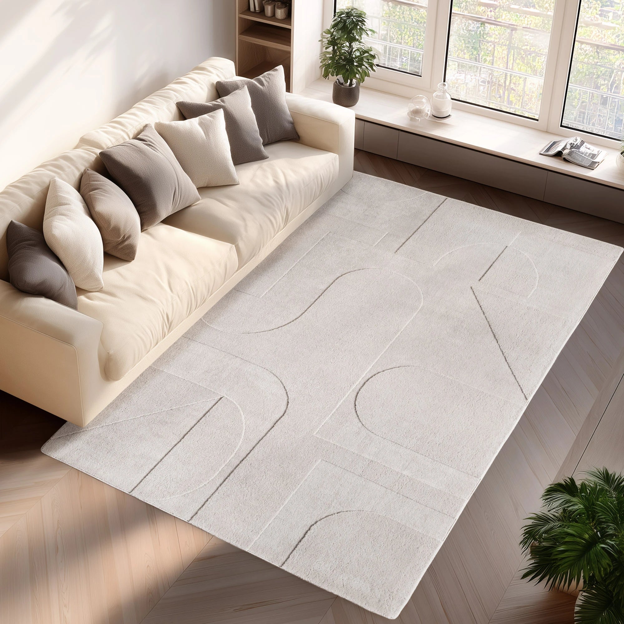 Minimalistischer Geometrischer Teppich mit Linienmuster | Creme