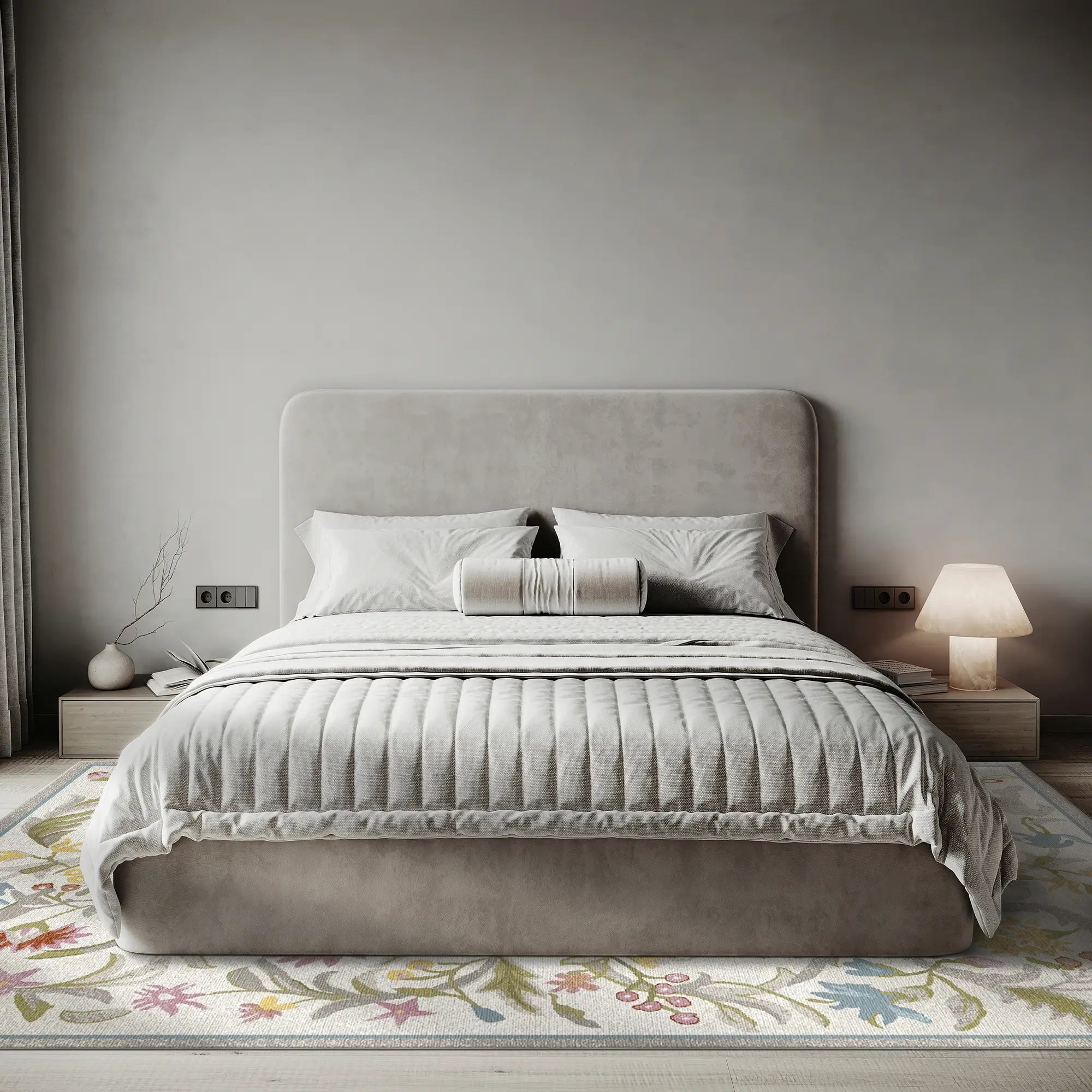 Modernes Schlafzimmer mit einem grauen Bett und dekorativem Teppich.