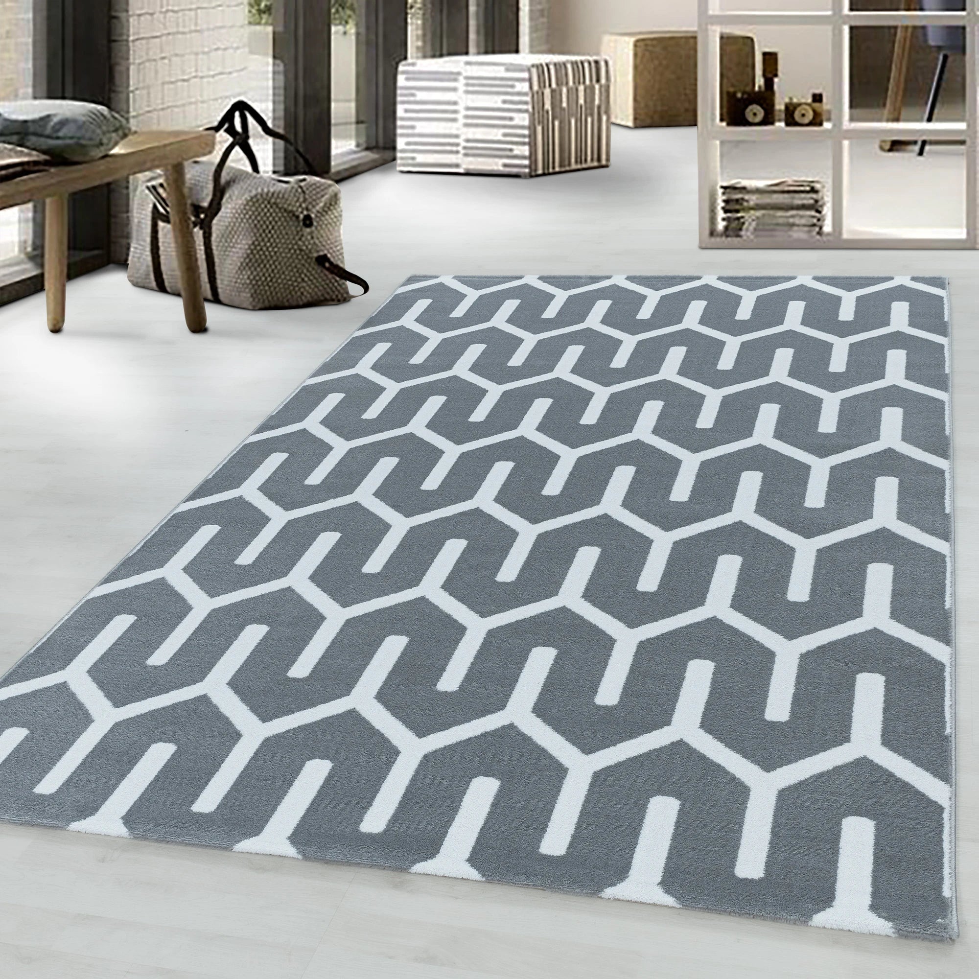 Moderner Messelartiger Labyrinth Teppich | Grau