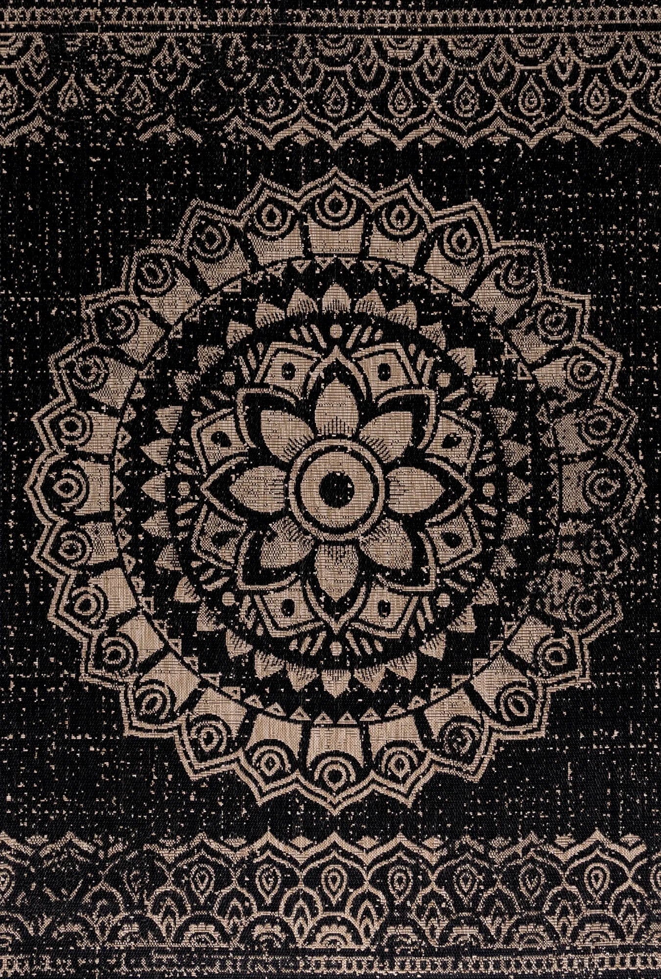 Madallion Flachgewebe Terrassenteppich | Schwarz