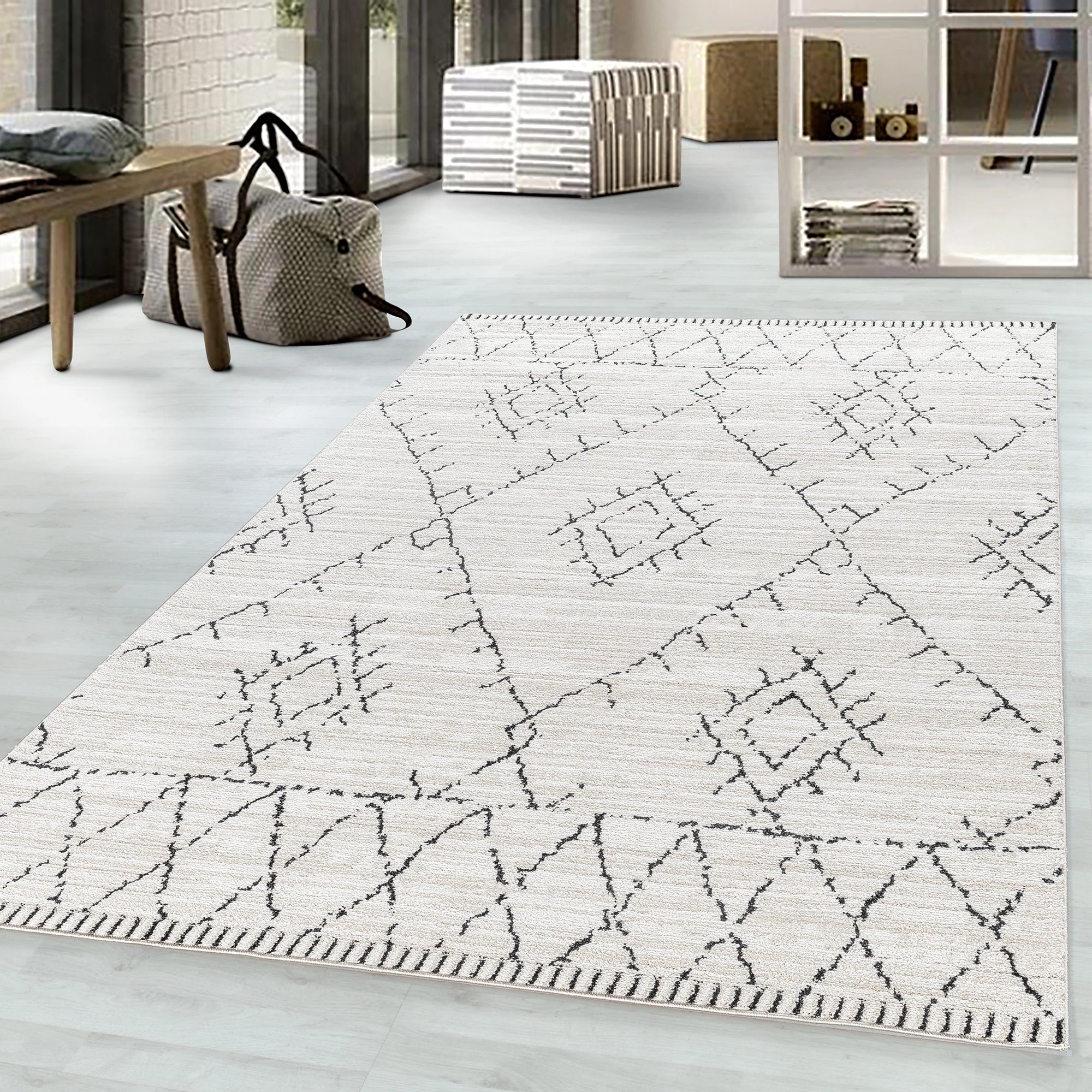 Boho Berber Teppich mit Geometrischem Gittermuster | Creme