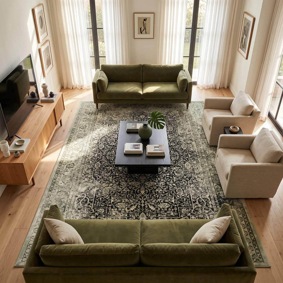 Ein grüner und schwarzer Teppich in einem Wohnzimmer mit zwei grünen Sofas, zwei beigefarbenen Sesseln, einem Couchtisch und einem TV-Möbel.