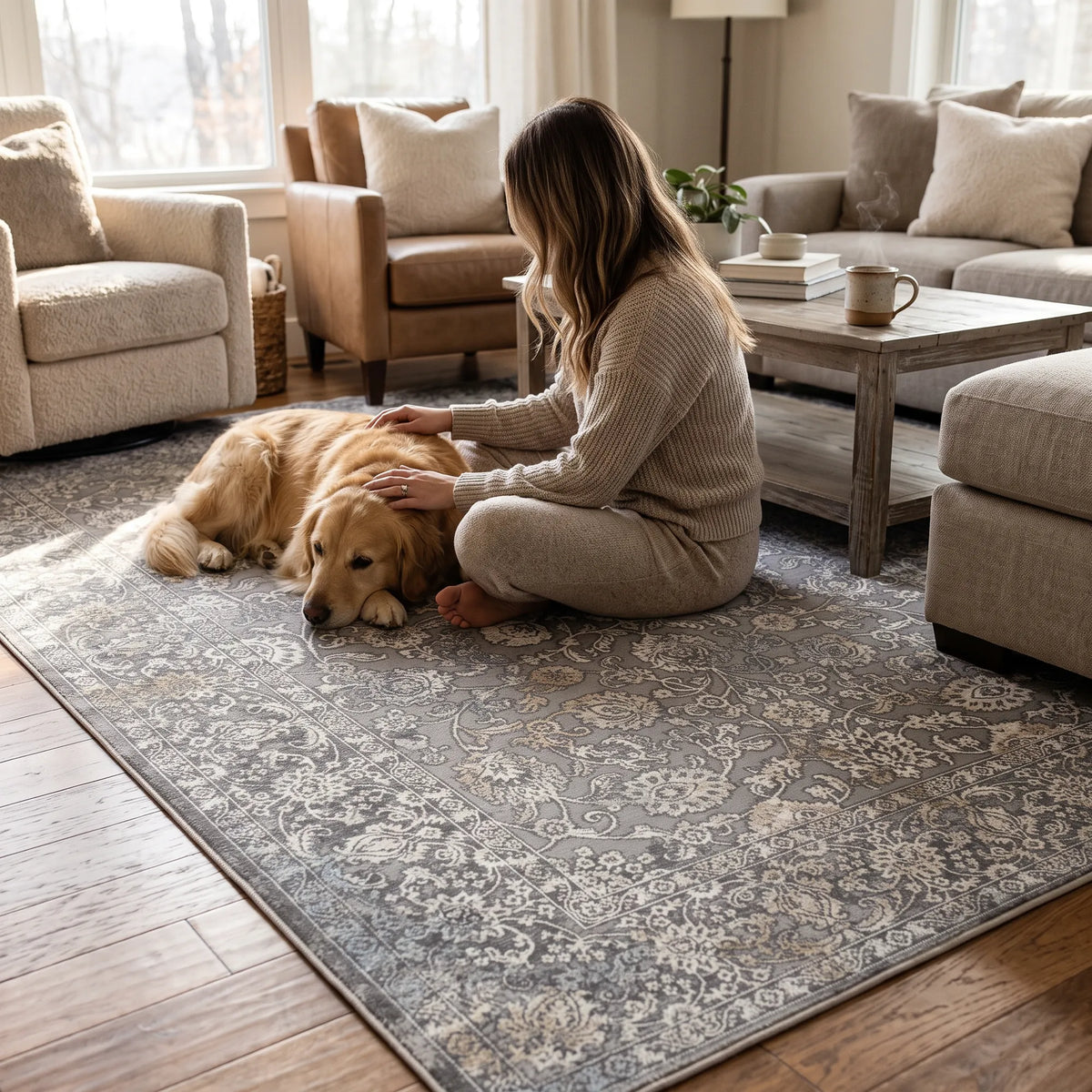 Ein stilvoller grauer Teppich in einem Wohnzimmer und eine Frau, die mit ihrem goldfarbenen Hund auf dem grauen Teppich sitzt. Dort stehen ein Sofa und Sessel sowie ein Couchtisch aus Holz.