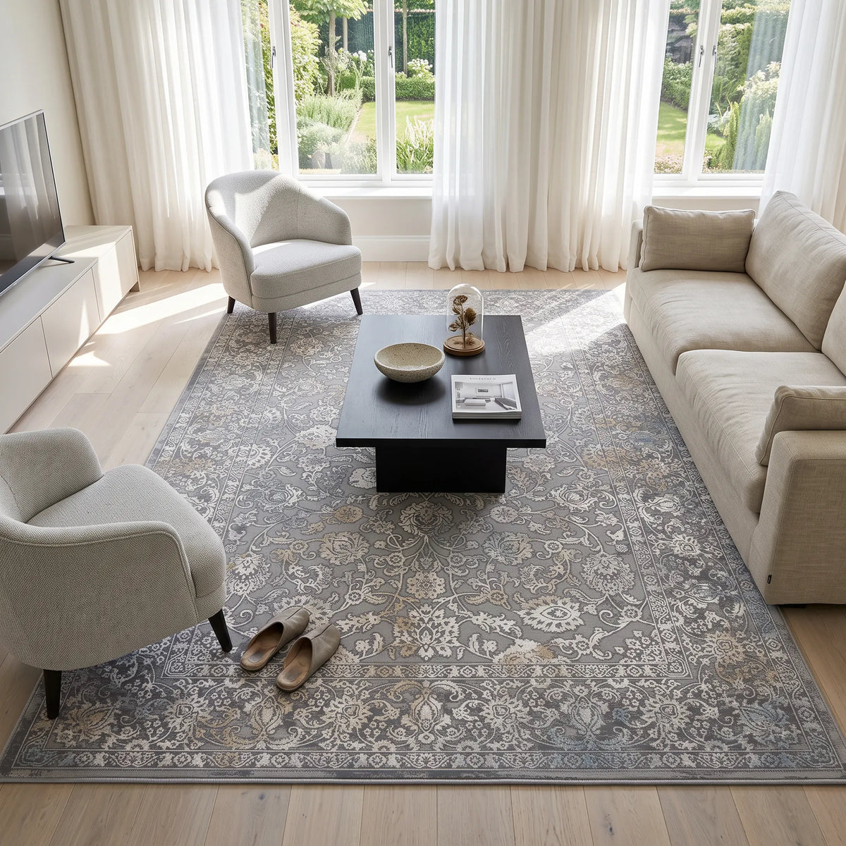Ein stilvoller grauer Teppich in einem hellen Wohnzimmer. Dort stehen ein Sofa, Sessel und ein Couchtisch aus Holz mit einem TV-Möbel.