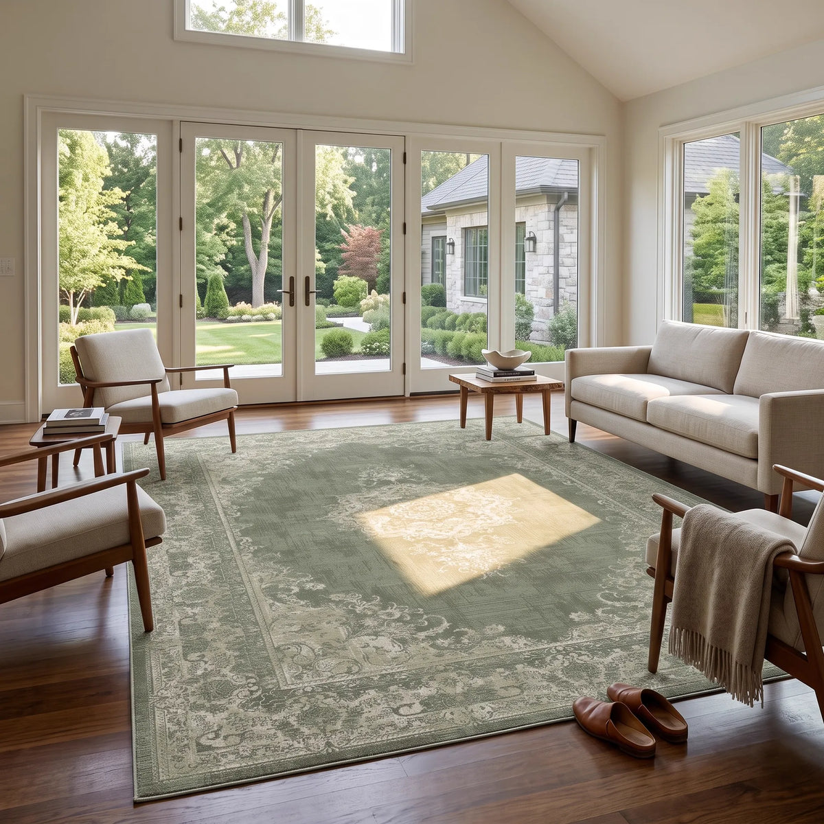 Ein großer rechteckiger Teppich in gedämpftem Salbeigrün und Creme mit einem traditionellen Blumenbordürenmuster, dargestellt in einem hellen, modernen Wohnzimmer mit Holzboden, beigefarbenen Sofas und großen Fenstern mit Blick auf einen Garten.
