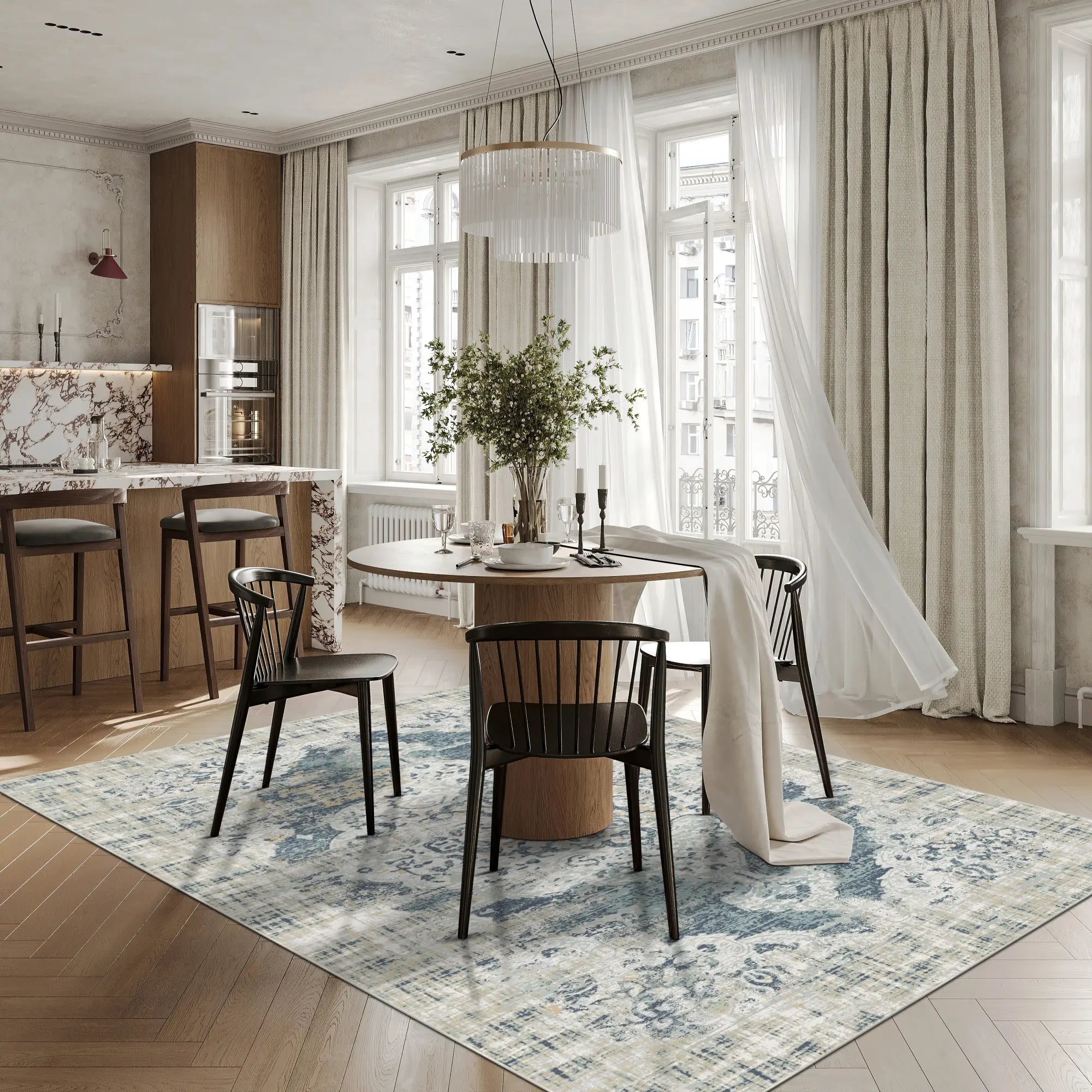 Patina Marineblau Petrol Beige Teppich
