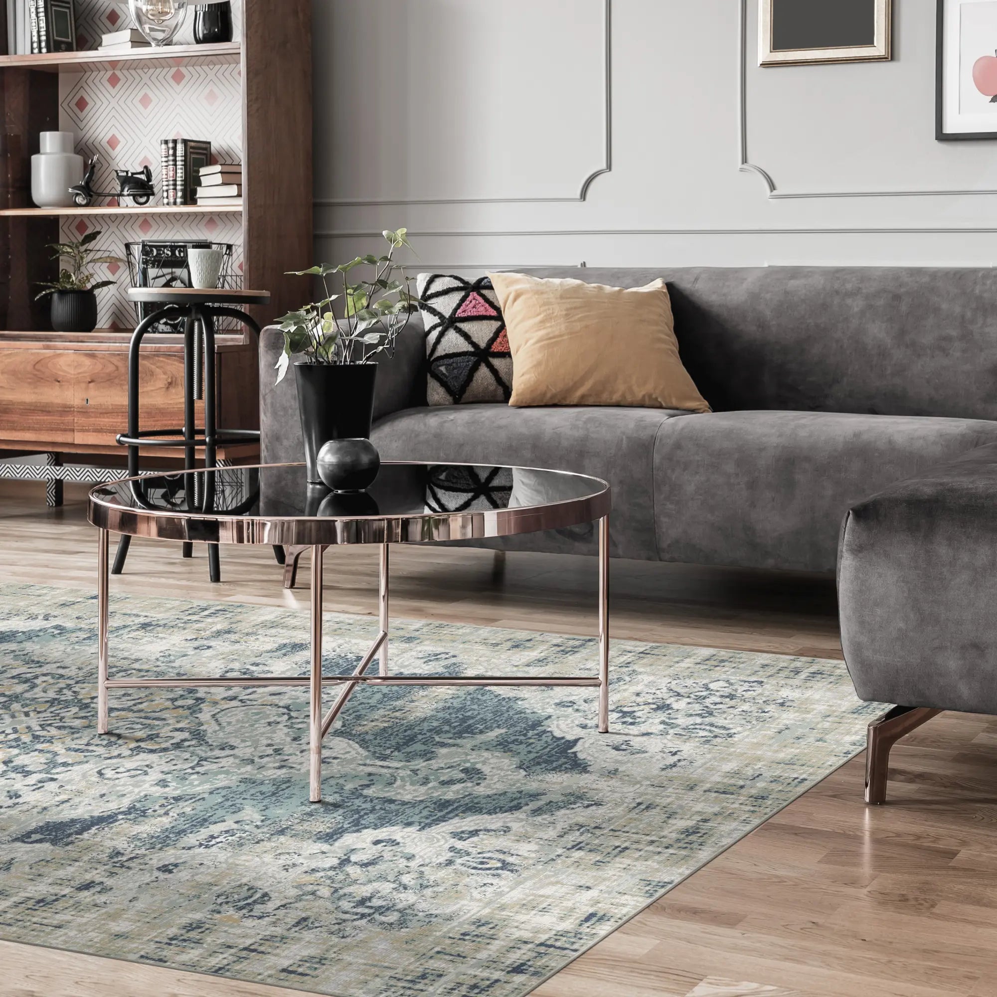 Patina Marineblau Petrol Beige Teppich