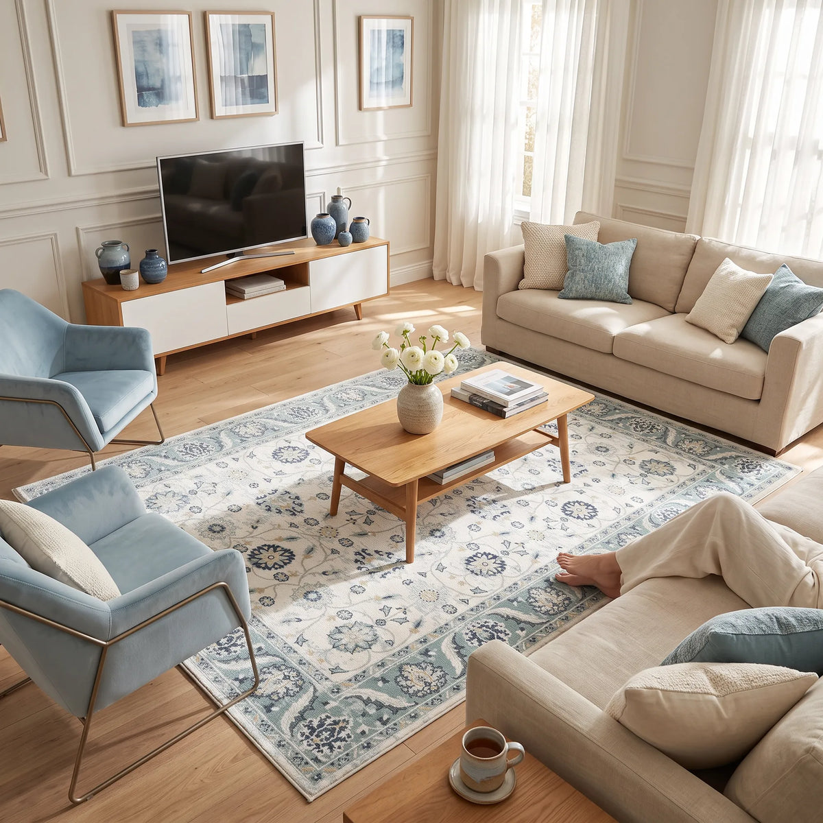 Ein stilvoll eingerichtetes Wohnzimmer mit einem großen rechteckigen Teppich mit einem traditionellen Blumenmuster in Blau und Creme, umgeben von einem beigefarbenen Sofa, zwei hellblauen Samtsesseln, einem Couchtisch aus Holz und einem TV-Möbel.