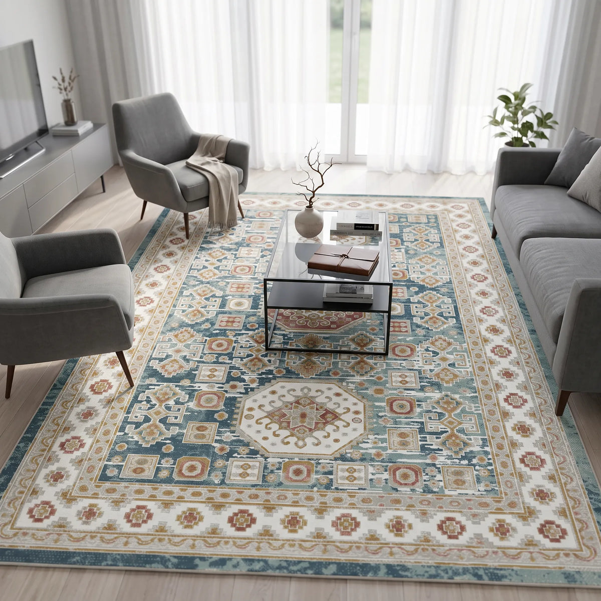 Ein großer Teppich im traditionellen Stil mit einem blauen, beigefarbenen und cremefarbenen Muster ist in einem modernen Wohnzimmer mit grauen Sesseln, einem Couchtisch aus Glas und durchsichtigen weißen Vorhängen zu sehen.