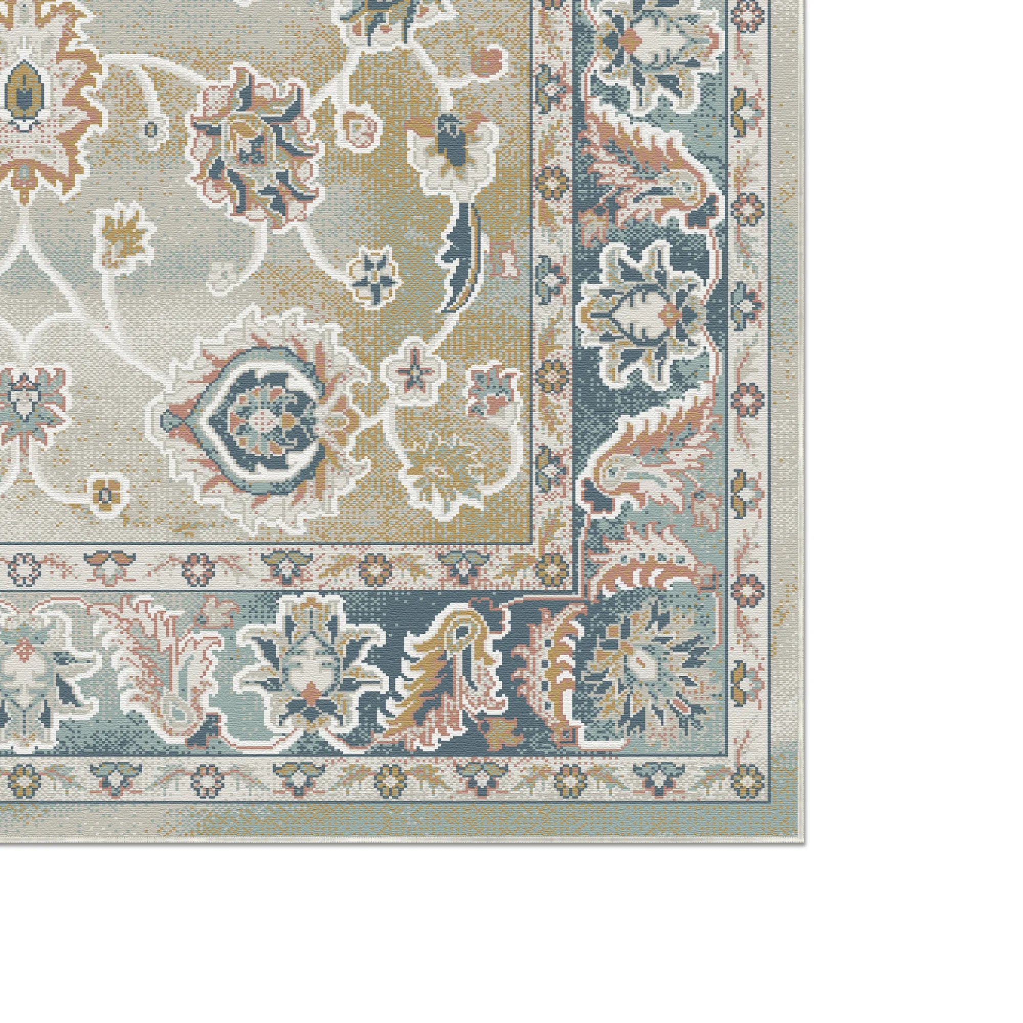 Teppich mit blauem, beigem und rostfarbenem Blumen- und Rankenmuster, Nahaufnahme