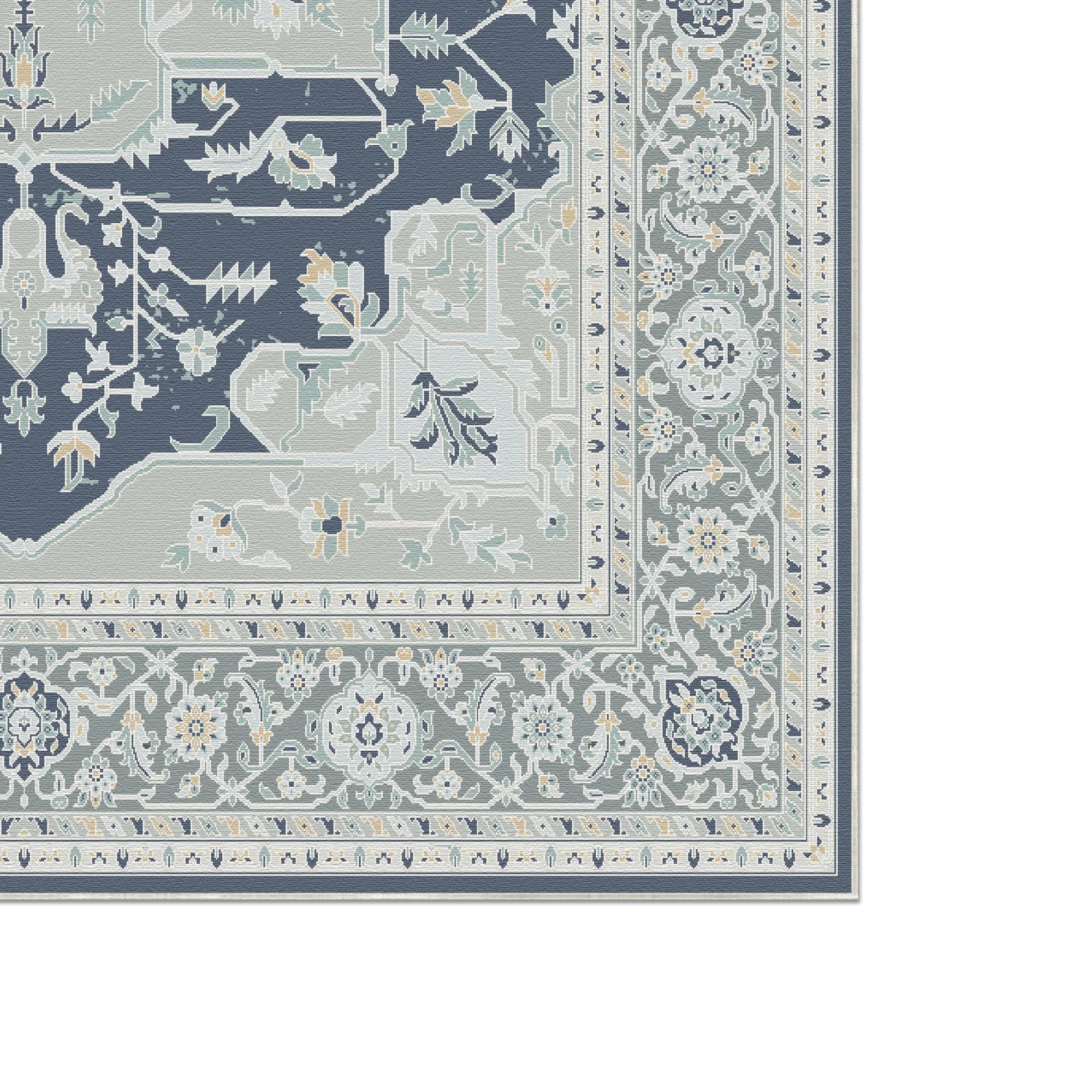 Teppich mit marineblauen, hellblauen und beigen Blumen- und geometrischen Mustern