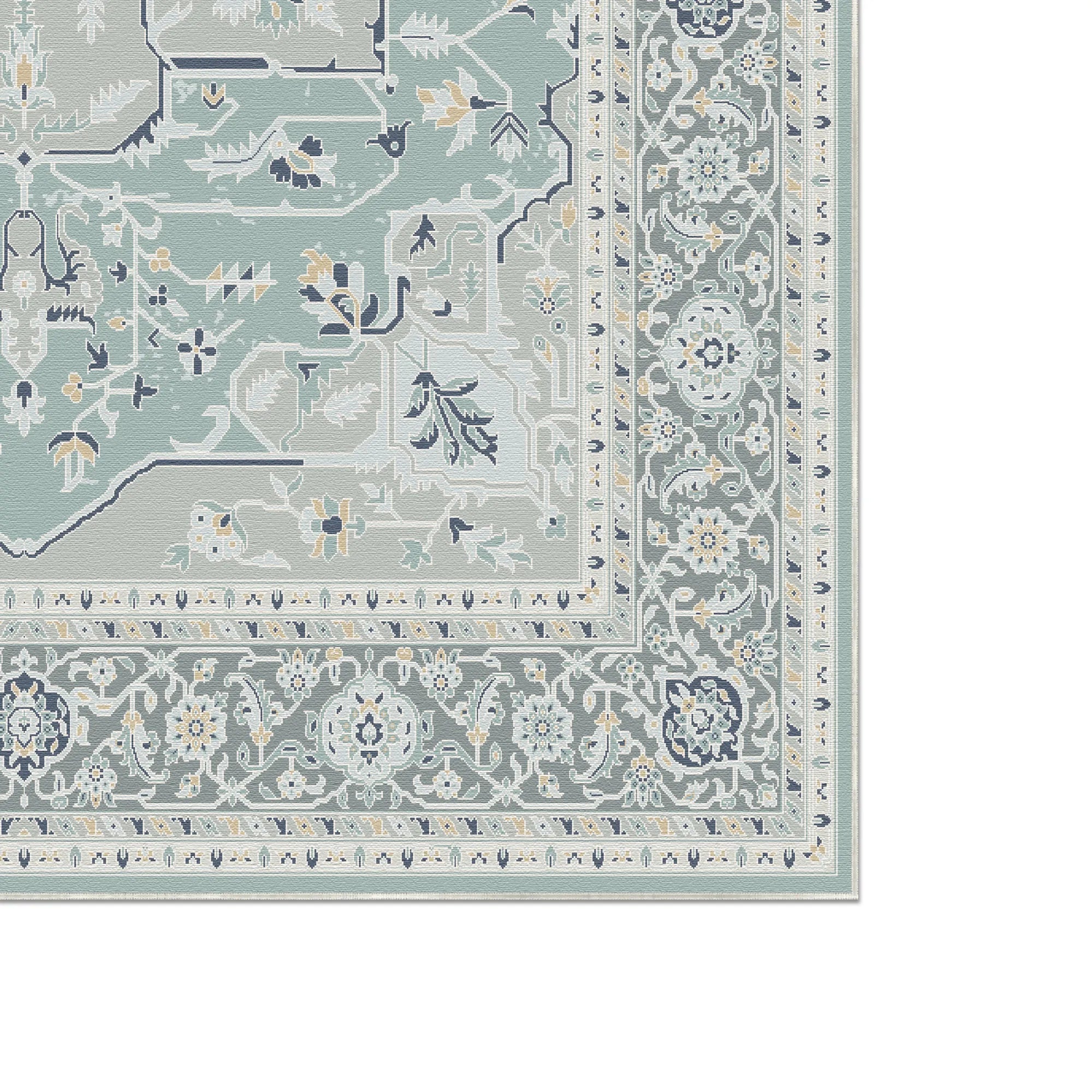 Teppich mit Mustern in Meerschaumgrün, Silber, Beige und Marineblau, floral und geometrisch gestaltet