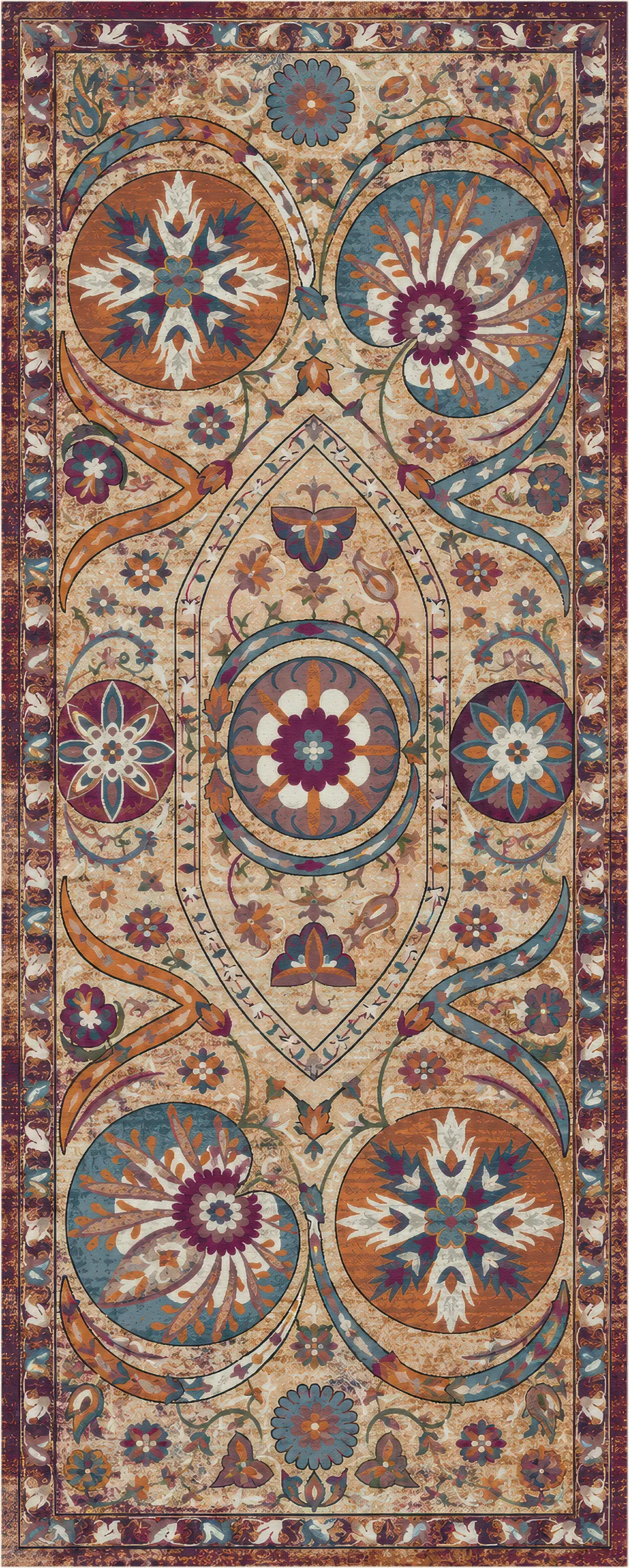 Ein rechteckiger Teppich mit einem kunstvollen traditionellen Medaillonmuster in Beige, Rostorange, Petrolblau und Tiefviolett, flach vor weißem Hintergrund ausgebreitet.