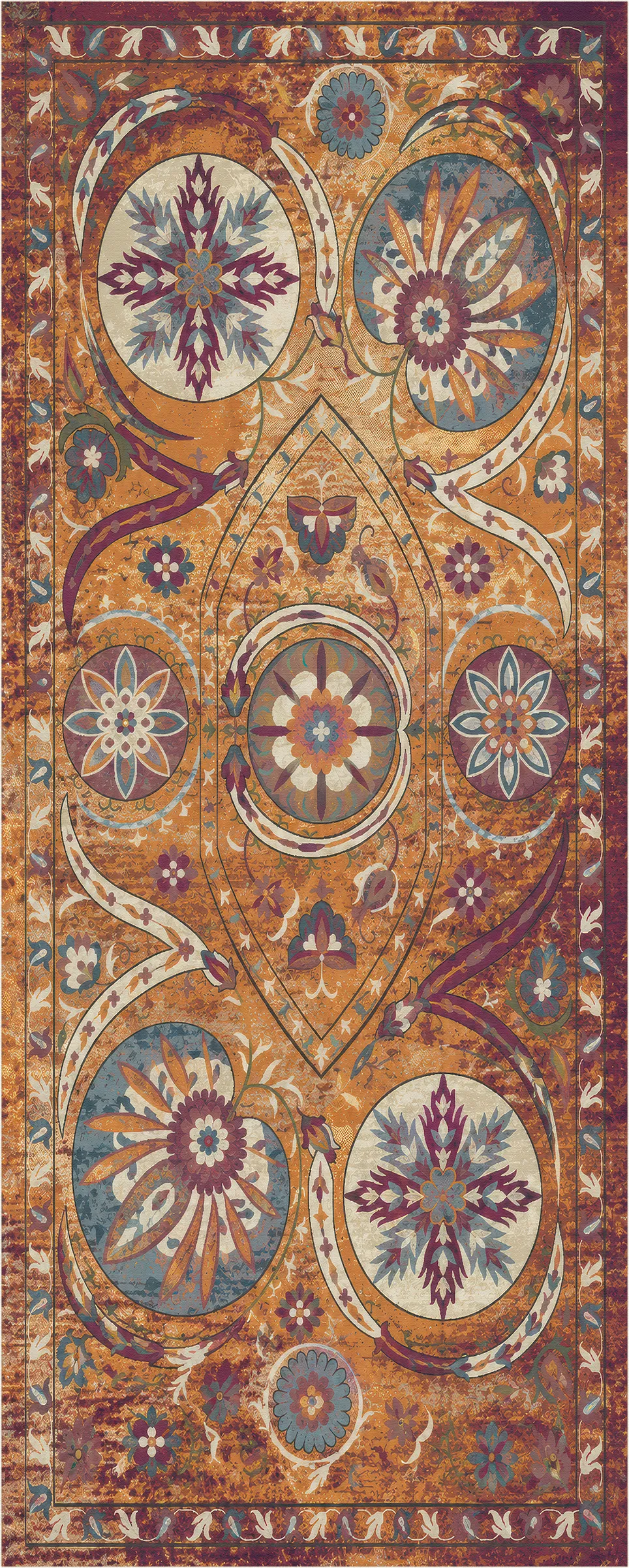 Ein kunstvoller rechteckiger Teppich mit einem Vintage-Medaillon- und Blumenmuster in warmen Orange-, Rostrot-, Türkis-, Creme- und Burgundertönen.