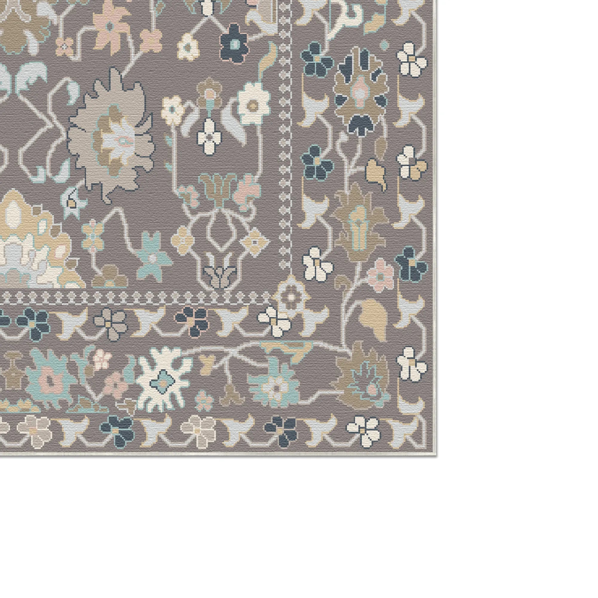 Teppich mit pastellfarbenem Blumenmuster in Grau-, Beige-, Blau- und Cremetönen