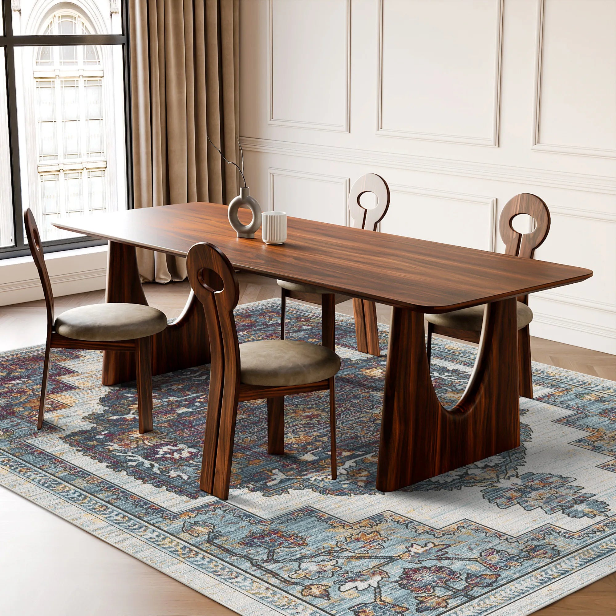 Vergoldeter Indigoblauer Stufenmedaillon Teppich