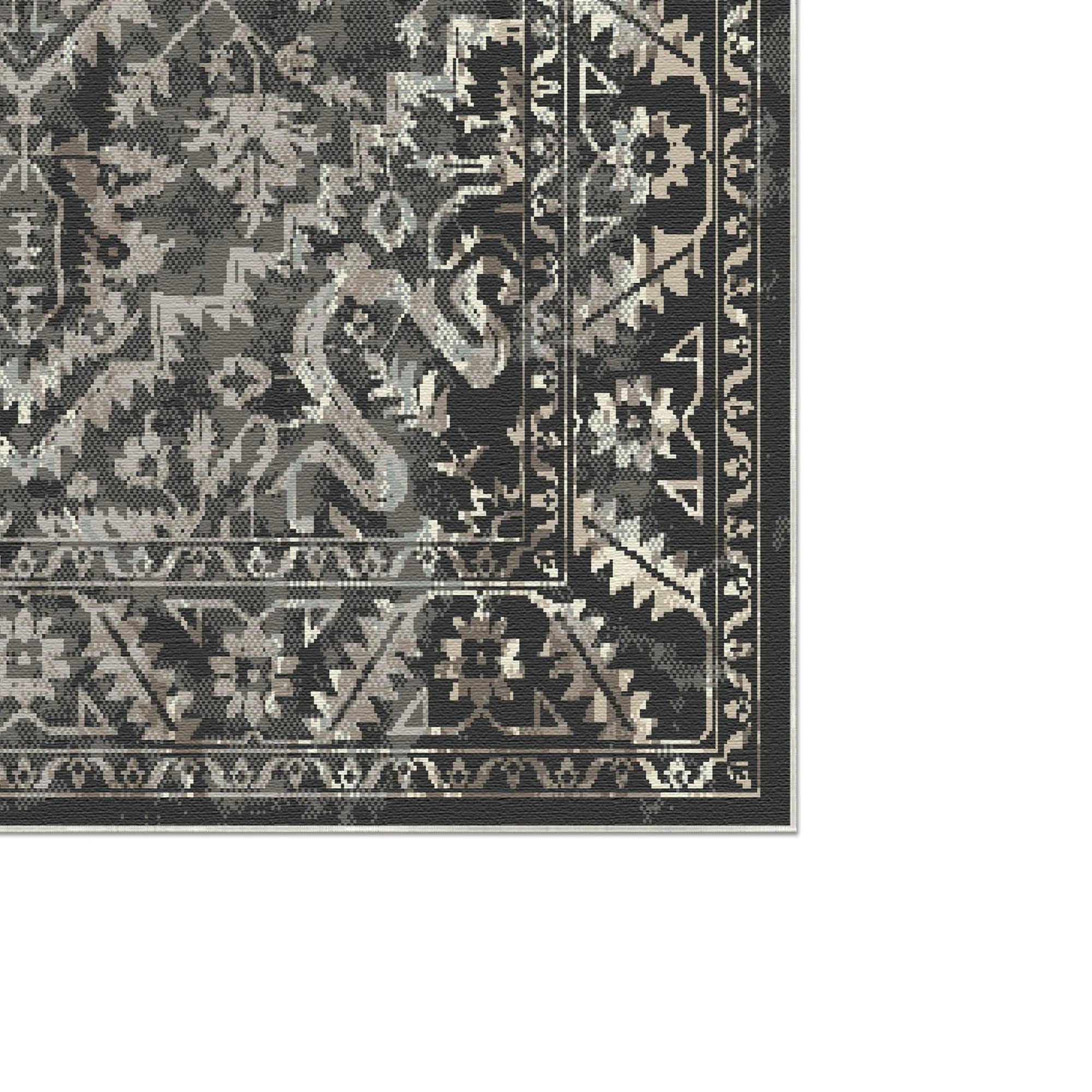 Nahaufnahme eines Kohlefaserteppichs mit vintage Blumen- und geometrischen Mustern in Grau- und Beigetönen